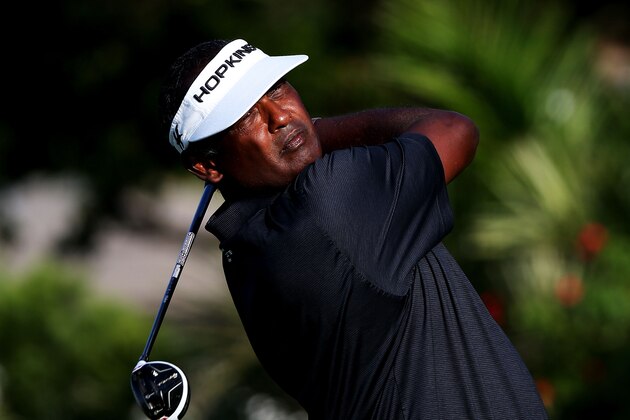HONOLULU, HI - JANUARY 14:  Vijay Singh of Fiji plays his shot from the 15th tee during the first round of the Sony Open In Hawaii at Waialae Country Club on January 14, 2016 in Honolulu, Hawaii.  (Photo by Sam Greenwood/Getty Images)
