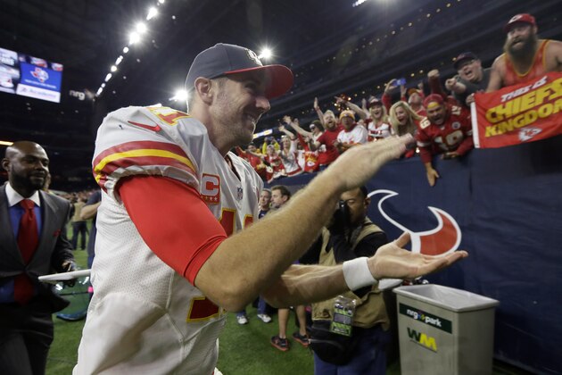 Kansas City Chiefs quarterback Alex Smith (11) runs off the field following an NFL wild-card playoff football game against the Houston Texans, Saturday, Jan. 9, 2016, in Houston. Kansas City won 30-0. (AP Photo/Tony Gutierrez) Kansas City Chiefs quarterback Alex Smith (11) runs off the field following an NFL wild-card playoff football game against the Houston Texans, Saturday, Jan. 9, 2016, in Houston. Kansas City won 30-0. (AP Photo/Tony Gutierrez)