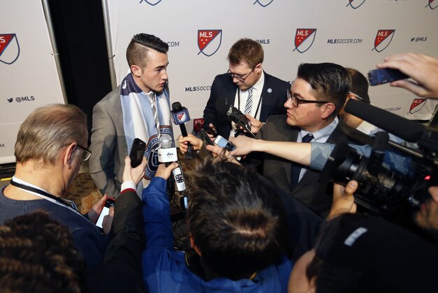 Jan 14, 2016; Baltimore, MD, USA; Jack Harrison speaks the the media after being selected number one overall by the Chicago Fire, then traded to New York City FC during the 2016 MLS SuperDraft at Baltimore Convention Center. Mandatory Credit: Geoff Burke-USA TODAY Sports