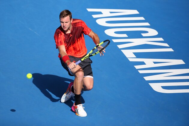 Jack Sock of the US hits a return against David Ferrer of Spain during their men's singles semi-final match at the ATP Auckland Classic tennis tournament in Auckland on January 15, 2016. AFP PHOTO / Fiona Goodall / AFP / Fiona GOODALL        (Photo credit should read FIONA GOODALL/AFP/Getty Images)