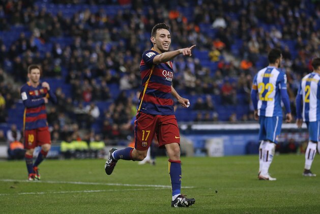 FC Barcelona's Munir El Haddadi celebrates after scoring against Espanyol during a Copa del Rey soccer match at RCDE stadium in Barcelona, Spain, Wednesday, Jan. 13, 2016. (AP Photo/Manu Fernandez)