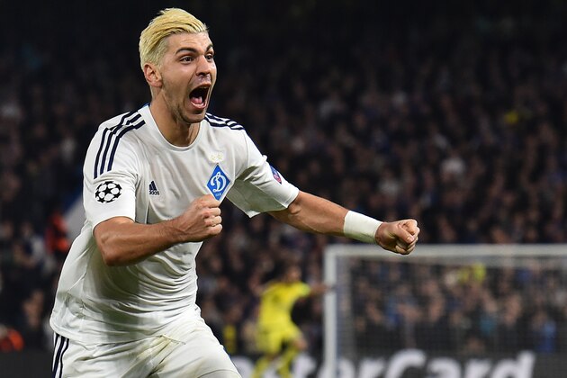 Dynamo Kiev's Austrian defender Aleksandar Dragovic celebrates after scoring during a UEFA Chamions league group stage football match between Chelsea and Dynamo Kiev at Stamford Bridge stadium in west London on November 4, 2015.   / AFP / BEN STANSALL        (Photo credit should read BEN STANSALL/AFP/Getty Images)