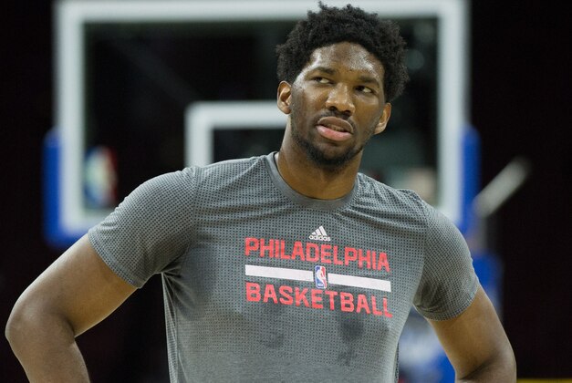 Dec 22, 2015; Philadelphia, PA, USA; Philadelphia 76ers center Joel Embiid (21) works out prior to a game against the Memphis Grizzlies at Wells Fargo Center. Mandatory Credit: Bill Streicher-USA TODAY Sports