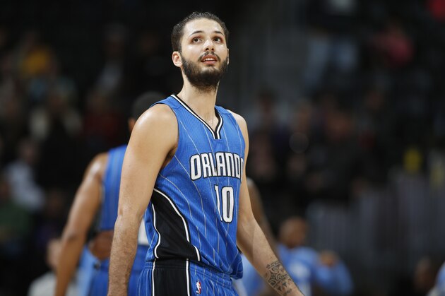 Orlando Magic forward Evan Fournier (10), of France, in the second half of an NBA basketball game Tuesday, Dec. 8, 2015, in Denver. Orlando won 85-74. (AP Photo/David Zalubowski)