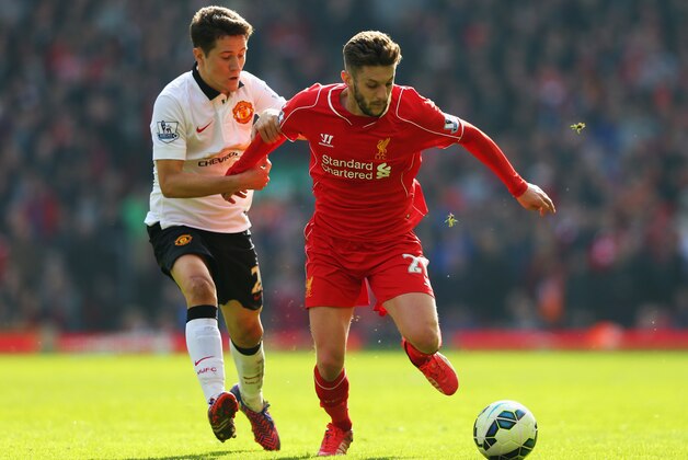 LIVERPOOL, ENGLAND - MARCH 22: Adam Lallana of Liverpool is challenged by Ander Herrera of Manchester United during the Barclays Premier League match between Liverpool and Manchester United at Anfield on March 22, 2015 in Liverpool, England. (Photo by Alex Livesey/Getty Images) LIVERPOOL, ENGLAND - MARCH 22: Adam Lallana of Liverpool is challenged by Ander Herrera of Manchester United during the Barclays Premier League match between Liverpool and Manchester United at Anfield on March 22, 2015 in Liverpool, England. (Photo by Alex Livesey/Getty Images)