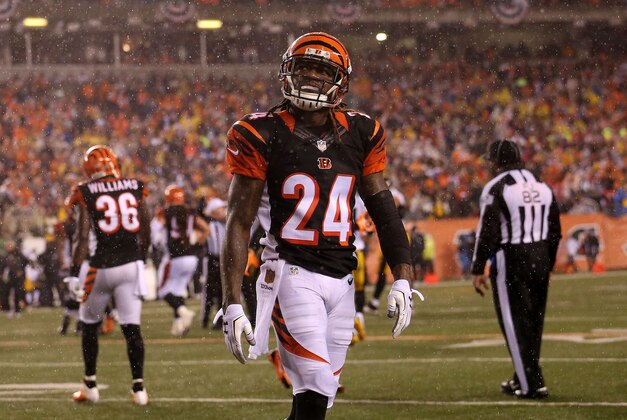 Jan 9, 2016; Cincinnati, OH, USA; Cincinnati Bengals cornerback Adam Jones (24) reacts during the second quarter against the Pittsburgh Steelers in the AFC Wild Card playoff football game at Paul Brown Stadium. Mandatory Credit: Aaron Doster-USA TODAY Sports