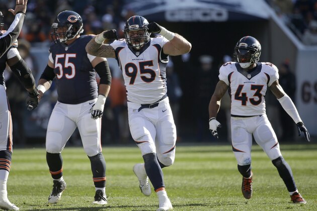 Denver Broncos defensive end Derek Wolfe (95) celebrates after tackling Chicago Bears quarterback Jay Cutler (6) during the first half of an NFL football game, Sunday, Nov. 22, 2015, in Chicago. (AP Photo/Nam Y. Huh) Denver Broncos defensive end Derek Wolfe (95) celebrates after tackling Chicago Bears quarterback Jay Cutler (6) during the first half of an NFL football game, Sunday, Nov. 22, 2015, in Chicago. (AP Photo/Nam Y. Huh)
