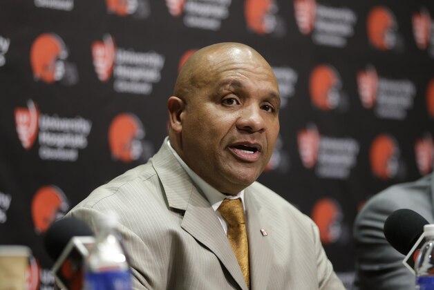 Cleveland Browns head coach Hue Jackson answers questions during a news conference, Wednesday, Jan. 13, 2016, in Berea, Ohio. Jackson has experience as a head coach, knows the AFC North and has fixed quarterbacks. Jackson, who waited four years for his second crack at leading an NFL team, has been hired as Cleveland's next coach, the struggling franchise's eighth since 1999 and sixth since 2008. (AP Photo/Tony Dejak)