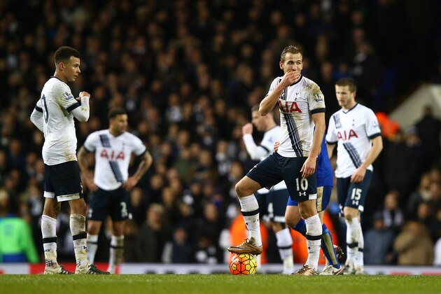 LONDON, ENGLAND - JANUARY 13: Harry Kane of Tottenham Hotspur reacts after Leicester City's first goal during the Barclays Premier League match between Tottenham Hotspur and Leicester City at White Hart Lane on January 13, 2016 in London, England. (Photo by Clive Rose/Getty Images) LONDON, ENGLAND - JANUARY 13: Harry Kane of Tottenham Hotspur reacts after Leicester City's first goal during the Barclays Premier League match between Tottenham Hotspur and Leicester City at White Hart Lane on January 13, 2016 in London, England. (Photo by Clive Rose/Getty Images)