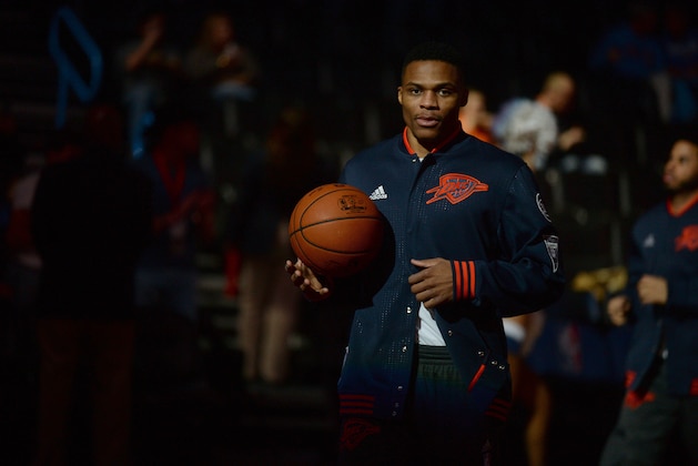 Jan 15, 2016; Oklahoma City, OK, USA;  Oklahoma City Thunder guard Russell Westbrook (0) enters the floor prior to action against the Minnesota Timberwolves at Chesapeake Energy Arena. Mandatory Credit: Mark D. Smith-USA TODAY Sports
