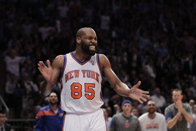 New York Knicks guard Baron Davis reacts during Game 3 of an NBA basketball first-round playoff series against the Miami Heat at Madison Square Garden in New York, Thursday, May 3, 2012.  (AP Photo/Kathy Willens)