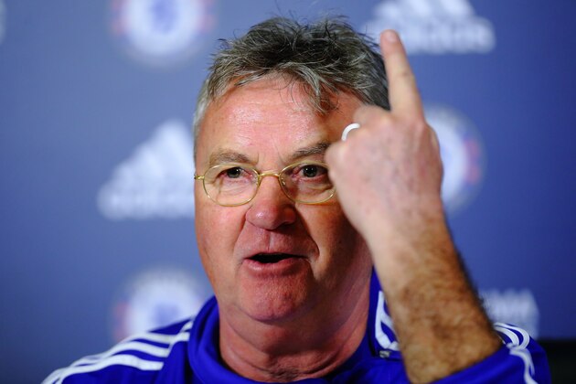 COBHAM, ENGLAND - DECEMBER 23:  New Chelsea Manager Guus Hiddink talks during a press conference at Chelsea Training Ground on December 23, 2015 in Cobham, England.  (Photo by Jordan Mansfield/Getty Images)
