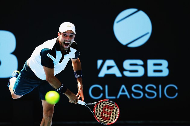 AUCKLAND, NEW ZEALAND - JANUARY 16:  Roberto Bautista Agut of Spain serves during the men's final match against Jack Sock of USA during day six of the 2016 ASB Classic at the ASB Tennis Arena on January 16, 2016 in Auckland, New Zealand.  (Photo by Hannah Peters/Getty Images)