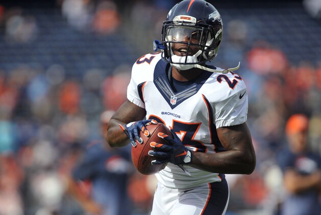 Dec 6, 2015; San Diego, CA, USA; Denver Broncos running back Ronnie Hillman (23) runs before the game against the San Diego Chargers at Qualcomm Stadium. Denver won 17-3. Mandatory Credit: Orlando Ramirez-USA TODAY Sports