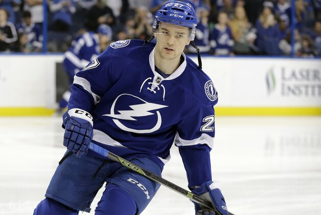 Tampa Bay Lightning left wing Jonathan Drouin (27) before an NHL hockey game against the New York Rangers Wednesday, Dec. 30, 2015, in Tampa, Fla. (AP Photo/Chris O'Meara)