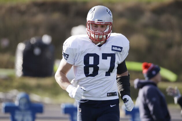 New England Patriots tight end Rob Gronkowski (87) runs during practice at the NFL football team's facility Wednesday, Dec. 16, 2015, in Foxborough, Mass. (AP Photo/Stephan Savoia)