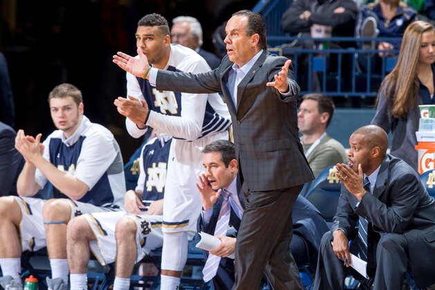 Jan 9, 2016; South Bend, IN, USA; Notre Dame Fighting Irish head coach Mike Brey reacts in the first half against the Pittsburgh Panthers at the Purcell Pavilion. Mandatory Credit: Matt Cashore-USA TODAY Sports