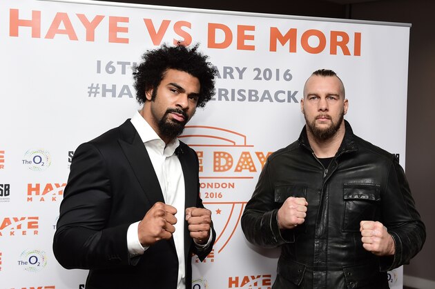 LONDON, ENGLAND - NOVEMBER 24: David Haye and Mark De Mori pose during a press conference at The O2 Arena on November 24, 2015 in London, England. (Photo by Alex Broadway/Getty Images) LONDON, ENGLAND - NOVEMBER 24: David Haye and Mark De Mori pose during a press conference at The O2 Arena on November 24, 2015 in London, England. (Photo by Alex Broadway/Getty Images)