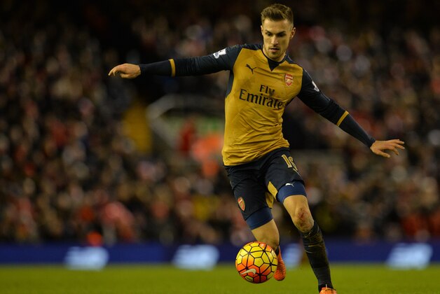 Arsenal's Welsh midfielder Aaron Ramsey controls the ball during the English Premier League football match between Liverpool and Arsenal at Anfield stadium in Liverpool, north-west England on January 13, 2016.
AFP PHOTO / PAUL ELLIS
RESTRICTED TO EDITORIAL USE. NO USE WITH UNAUTHORIZED AUDIO, VIDEO, DATA, FIXTURE LISTS, CLUB/LEAGUE LOGOS OR 'LIVE' SERVICES. ONLINE IN-MATCH USE LIMITED TO 75 IMAGES, NO VIDEO EMULATION. NO USE IN BETTING, GAMES OR SINGLE CLUB/LEAGUE/PLAYER PUBLICATIONS. / AFP / PAUL ELLIS        (Photo credit should read PAUL ELLIS/AFP/Getty Images)