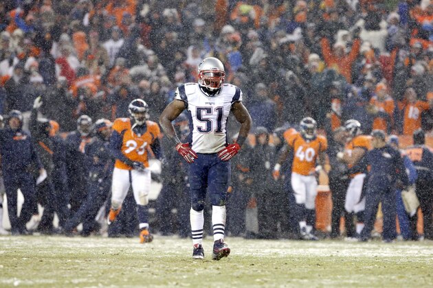 New England Patriots middle linebacker Jerod Mayo (51) walks to the sidelines after a Denver Broncos touchdown during the second half of an NFL football game, Sunday, Nov. 29, 2015, in Denver. (AP Photo/Joe Mahoney)