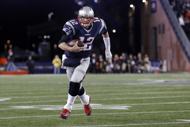 New England Patriots quarterback Tom Brady (12) runs against the Kansas City Chiefs in the first half of an NFL divisional playoff football game, Saturday, Jan. 16, 2016, in Foxborough, Mass. (AP Photo/Steven Senne)