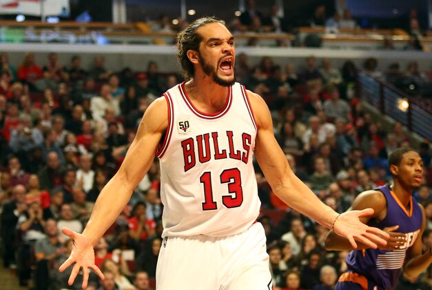 Dec 7, 2015; Chicago, IL, USA; Chicago Bulls center Joakim Noah (13) reacts during the second half against the Phoenix Suns at United Center. Mandatory Credit: Caylor Arnold-USA TODAY Sports