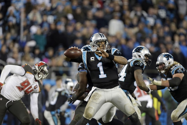 Carolina Panthers' Cam Newton (1) looks to pass against the Tampa Bay Buccaneers during the second half of an NFL football game in Charlotte, N.C., Sunday, Jan. 3, 2016. The Panthers won 38-10. (AP Photo/Bob Leverone)