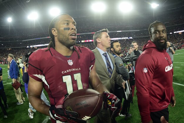 Jan 16, 2016; Glendale, AZ, USA; Arizona Cardinals wide receiver Larry Fitzgerald (11) celebrates after defeating the Green Bay Packers in a NFC Divisional round playoff game at University of Phoenix Stadium. Mandatory Credit: Matt Kartozian-USA TODAY Sports