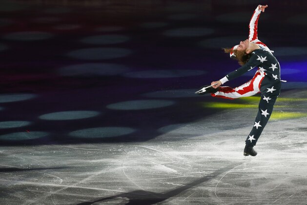 Jason Brown of the United States performs during the gale exhibition of the World Team Trophy Figure Skating Championships in Tokyo, Sunday, April 19, 2015. (AP Photo/Shizuo Kambayashi)