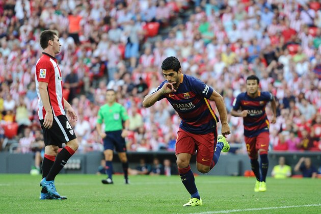 BILBAO, SPAIN - AUGUST 23:  Luis Suarez of FC Barcelona celebrates after scoring Barcelona opening goal during the La Liga match between Athletic Club and FC Barcelona at San Mames Stadium on August 23, 2015 in Bilbao, Spain.  (Photo by Denis Doyle/Getty Images)