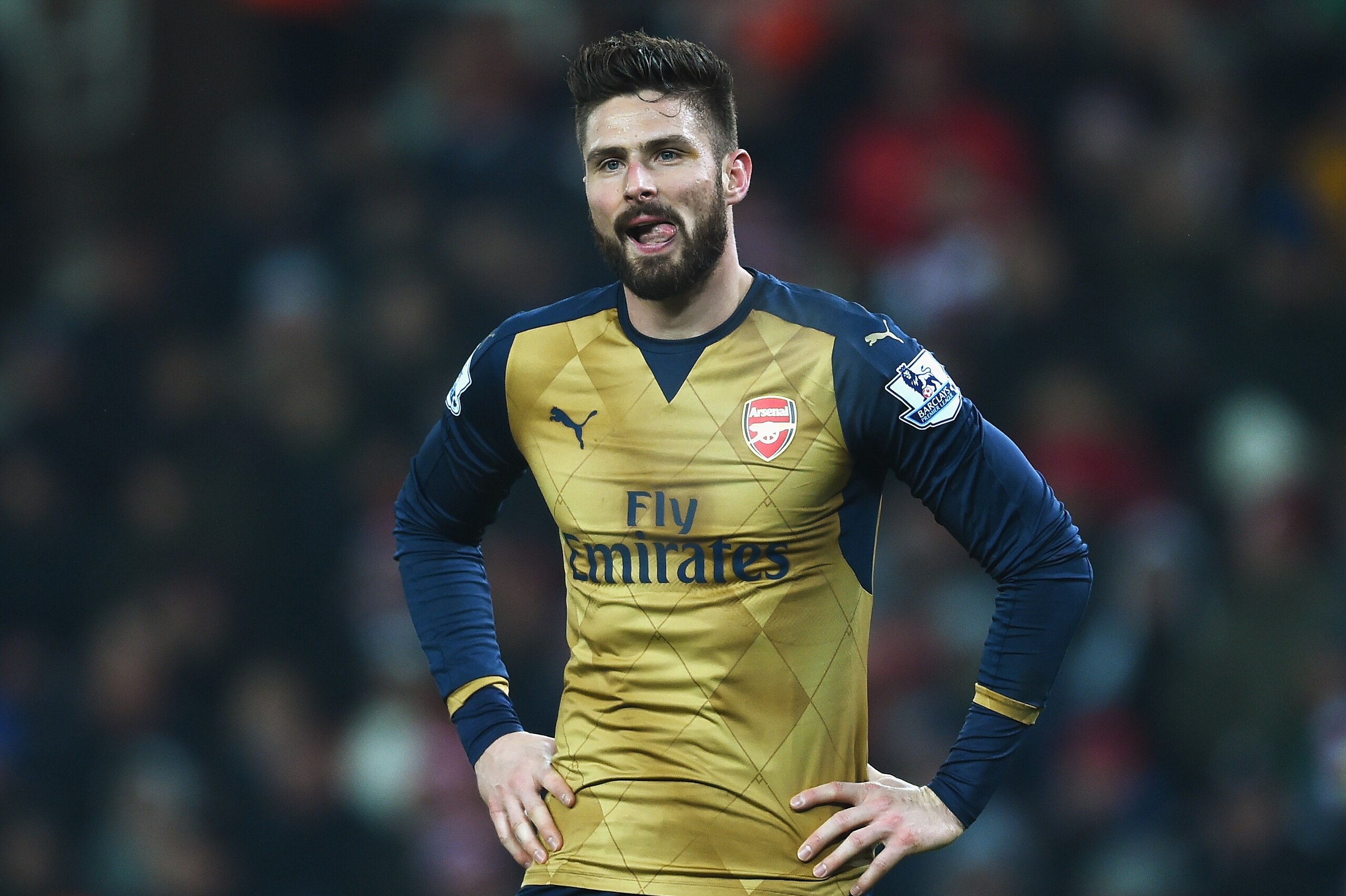 STOKE ON TRENT, ENGLAND - JANUARY 17:  Olivier Giroud of Arsenal reacts during the Barclays Premier League match between Stoke City and Arsenal at Britannia Stadium on January 17, 2016 in Stoke on Trent, England.  (Photo by Laurence Griffiths/Getty Images)