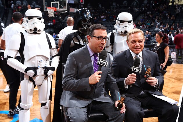 BROOKLYN, NY - DECEMBER 14:  Ian Eagle and Mike Fratello pose for a photo with Star Wars characters during a game between the Orlando Magic and the Brooklyn Nets on December 14, 2015 at Barclays Center in Brooklyn, NY. NOTE TO USER: User expressly acknowledges and agrees that, by downloading and/or using this Photograph, user is consenting to the terms and conditions of the Getty Images License Agreement. Mandatory Copyright Notice: Copyright 2015 NBAE (Photo by Nathaniel S. Butler/NBAE via Getty Images)