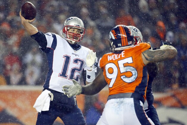 New England Patriots quarterback Tom Brady (12) throws against the Denver Broncos during the second half of an NFL football game, Sunday, Nov. 29, 2015, in Denver. (AP Photo/Jack Dempsey)