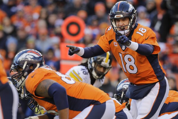 Denver Broncos quarterback Peyton Manning gestures during the first half in an NFL football divisional playoff game against the Pittsburgh Steelers, Sunday, Jan. 17, 2016, in Denver. (AP Photo/Joe Mahoney)