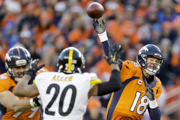 Denver Broncos quarterback Peyton Manning, right, passes against the Pittsburgh Steelers during the second half in an NFL football divisional playoff game, Sunday, Jan. 17, 2016, in Denver. (AP Photo/Joe Mahoney)
