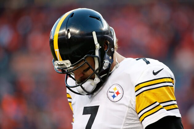 DENVER, CO - JANUARY 17:  Ben Roethlisberger #7 of the Pittsburgh Steelers  walks off the field during the AFC Divisional Playoff Game against the Denver Broncos at Sports Authority Field at Mile High on January 17, 2016 in Denver, Colorado.  (Photo by Sean M. Haffey/Getty Images)