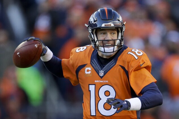 Denver Broncos quarterback Peyton Manning passes against the Pittsburgh Steelers during the first half in an NFL football divisional playoff game, Sunday, Jan. 17, 2016, in Denver. (AP Photo/Joe Mahoney)