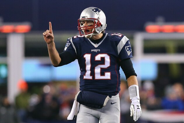 FOXBORO, MA - JANUARY 16:  Tom Brady #12 of the New England Patriots gestures after a play in the fourth quarter against the Kansas City Chiefs during the AFC Divisional Playoff Game at Gillette Stadium on January 16, 2016 in Foxboro, Massachusetts.  (Photo by Maddie Meyer/Getty Images)