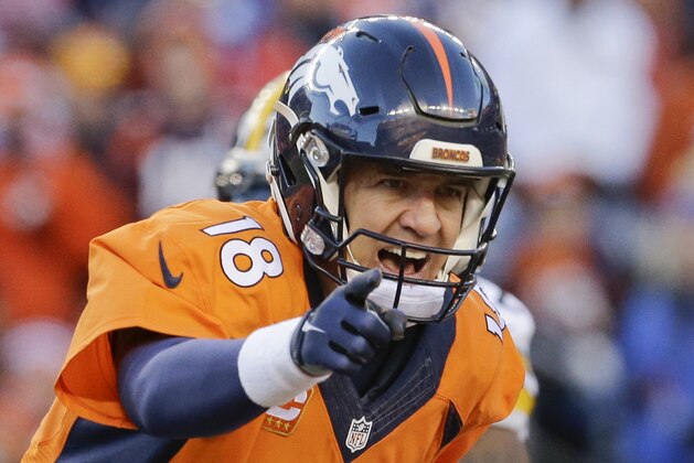 Denver Broncos quarterback Peyton Manning yells to his team during the second half in an NFL football divisional playoff game against the Pittsburgh Steelers, Sunday, Jan. 17, 2016, in Denver. (AP Photo/Joe Mahoney)
