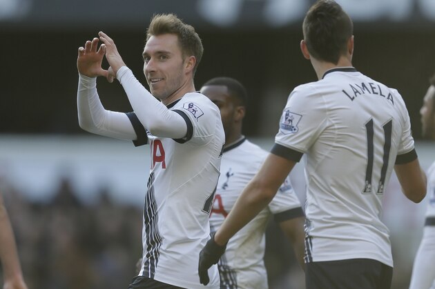 Tottenham’s Christian Eriksen, centre, celebrates after scoring a goal during the English Premier League soccer match between Tottenham Hotspur and Sunderland at White Hart Lane in London, Saturday Jan. 16, 2016. (AP Photo/Tim Ireland)
