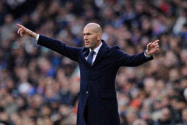 MADRID, SPAIN - JANUARY 17:  Zinedine Zidane manager of Real Madrid reacts during the La Liga match between Real Madrid CF and Sporting Gijon at Estadio Santiago Bernabeu on January 17, 2016 in Madrid, Spain.  (Photo by Denis Doyle/Getty Images)