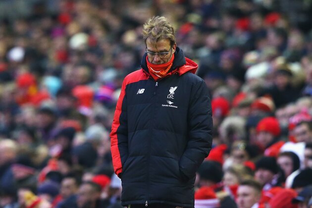 LIVERPOOL, ENGLAND - JANUARY 17: Jurgen Klopp, manager of Liverpool looks dejected during the Barclays Premier League match between Liverpool and Manchester United at Anfield on January 17, 2016 in Liverpool, England. (Photo by Alex Livesey/Getty Images) LIVERPOOL, ENGLAND - JANUARY 17: Jurgen Klopp, manager of Liverpool looks dejected during the Barclays Premier League match between Liverpool and Manchester United at Anfield on January 17, 2016 in Liverpool, England. (Photo by Alex Livesey/Getty Images)