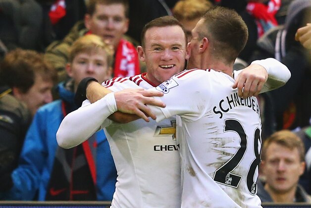 LIVERPOOL, ENGLAND - JANUARY 17:  Wayne Rooney of Manchester United celebrates scoring the opening goal with Morgan Schneiderlin of Manchester United during the Barclays Premier League match between Liverpool and Manchester United at Anfield on January 17, 2016 in Liverpool, England.  (Photo by Alex Livesey/Getty Images)