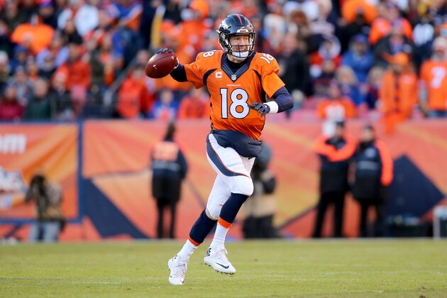 DENVER, CO - JANUARY 17:  Peyton Manning #18 of the Denver Broncos looks to throw a pass in the first half against the Pittsburgh Steelers during the AFC Divisional Playoff Game at Sports Authority Field at Mile High on January 17, 2016 in Denver, Colorado.  (Photo by Doug Pensinger/Getty Images)