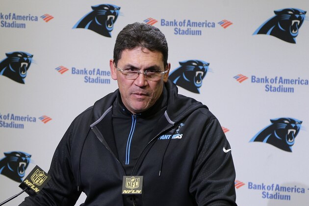 Carolina Panthers head coach Ron Rivera speaks during a news conference after the second half of an NFL divisional playoff football game against the Seattle Seahawks, Sunday, Jan. 17, 2016, in Charlotte, N.C. The Panthers won 31-24. (AP Photo/Chuck Burton)