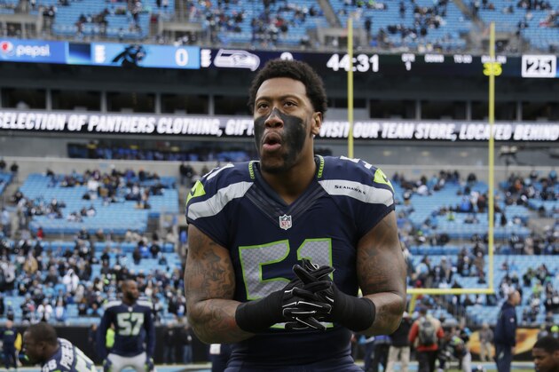Seattle Seahawks outside linebacker Bruce Irvin (51)warms up before the first half of an NFL divisional playoff football game between the Carolina Panthers and the Seattle Seahawks, Sunday, Jan. 17, 2016, in Charlotte, N.C. (AP Photo/Bob Leverone)