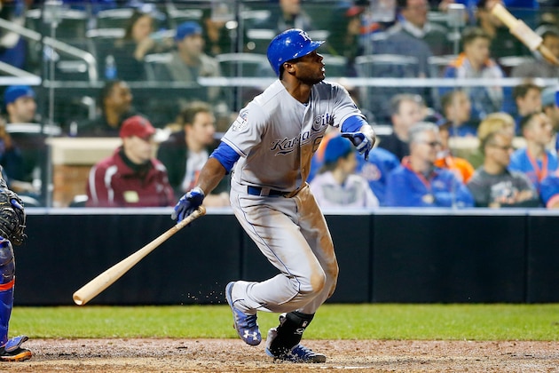 NEW YORK, NY - NOVEMBER 01:  (NEW YORK DAILIES OUT)    Lorenzo Cain #6 of the Kansas City Royals follows through on a 12th inning three run double against the New York Mets during game five of the 2015 World Series at Citi Field on November 1, 2015 in the Flushing neighborhood of the Queens borough of New York City. The Royals defeated the Mets 7-2.  (Photo by Jim McIsaac/Getty Images)