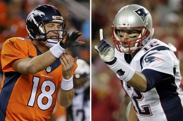 FILE - At left, in an Oct. 23, 2014, file photo, Denver Broncos quarterback Peyton Manning calls a play against the San Diego Chargers during an NFL football game in Denver. At right, in a Sept. 29, 2014, file photo, New England Patriots quarterback Tom Brady points on the line of scrimmage during an NFL football game against the Kansas City Chiefs in Kansas City, Mo. New England has little time to savor its fourth straight win, a 51-23 pounding of the Chicago Bears. Tom Brady versus Brock Osweiler just doesn't have the same Hall of Fame ring to it. Still, when Brady leads his undefeated Patriots into Denver on Sunday night, Nov. 29, 2015 the game will have plenty of significance. (AP Photo/File)