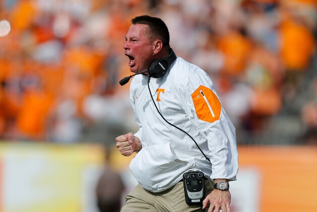 TAMPA, FL - JANUARY 1:  Head Coach Butch Jones of the Tennessee Volunteers celebrates a touchdown against the Northwestern Wildcats during the second half of the Outback Bowl at Raymond James Stadium on January 1, 2016 in Tampa, Florida. (Photo by Mike Carlson/Getty Images)