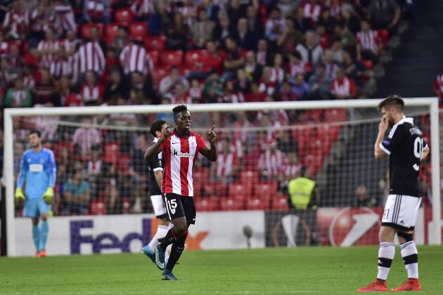 Athletic Bilbao's  Inaki Williams, center, celebrates his second goal after scoring during the Europa League  group L soccer match between Athletic Bilbao and Partizan Belgrade, at San Mames stadium, in Bilbao, northern Spain, Thursday, Nov. 5, 2015. (AP Photo/Alvaro Barrientos)